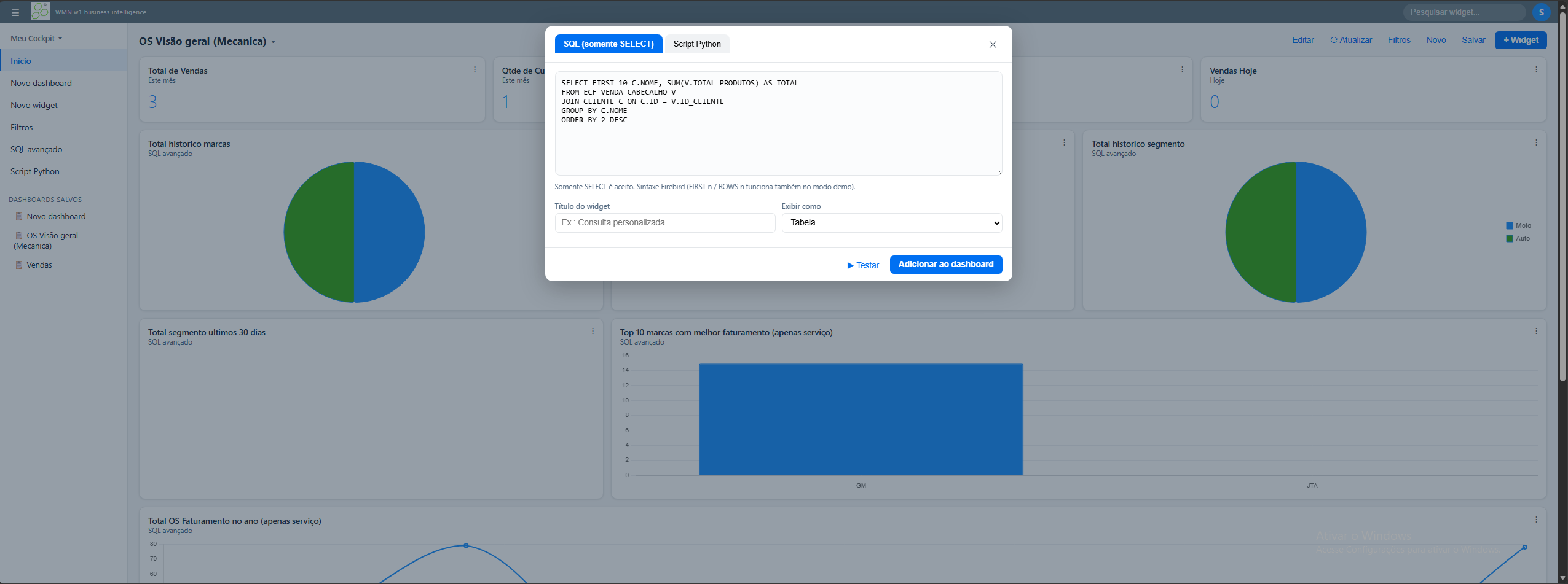 Modo avançado do BI Wayssoft com consultas em SQL e scripts em Python