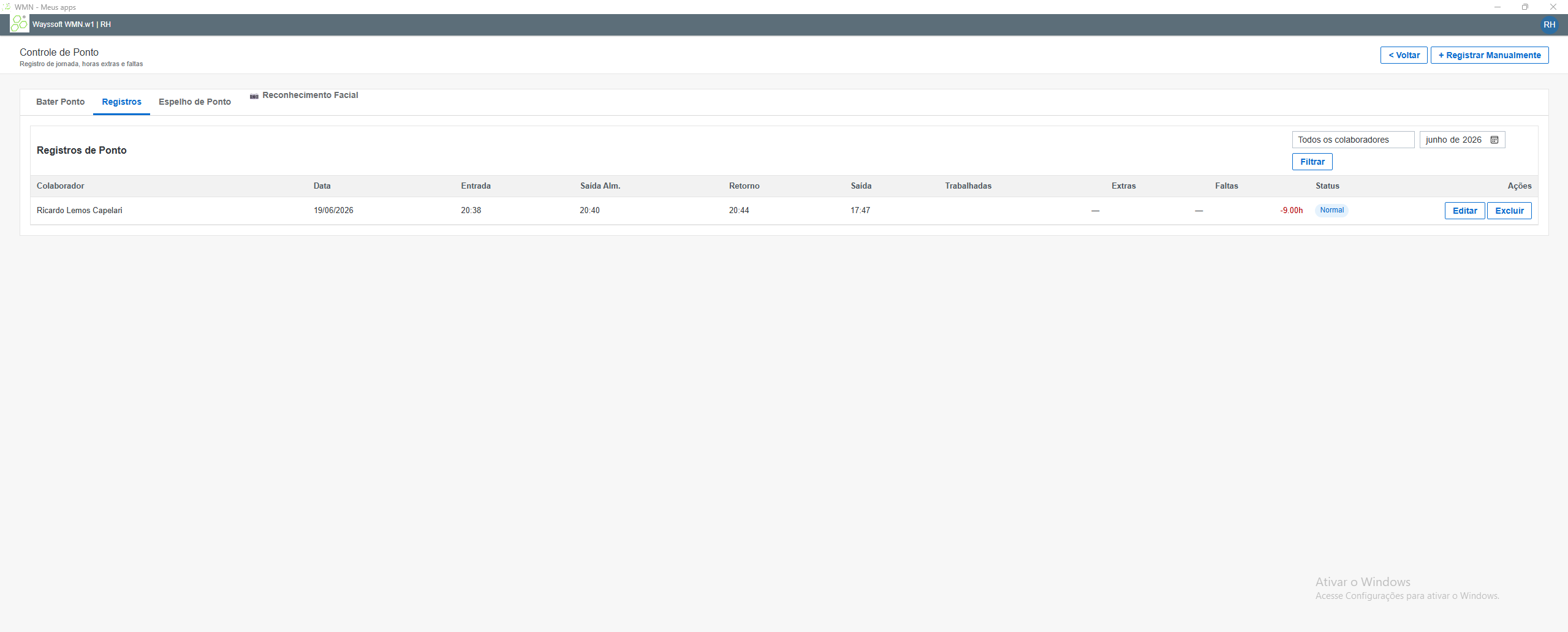 Tela de controle de horários, faltas e horas extras do RH Wayssoft