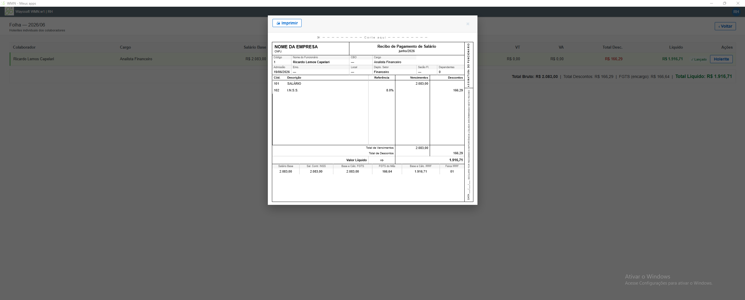 Tela de holerite/contracheque do RH Wayssoft