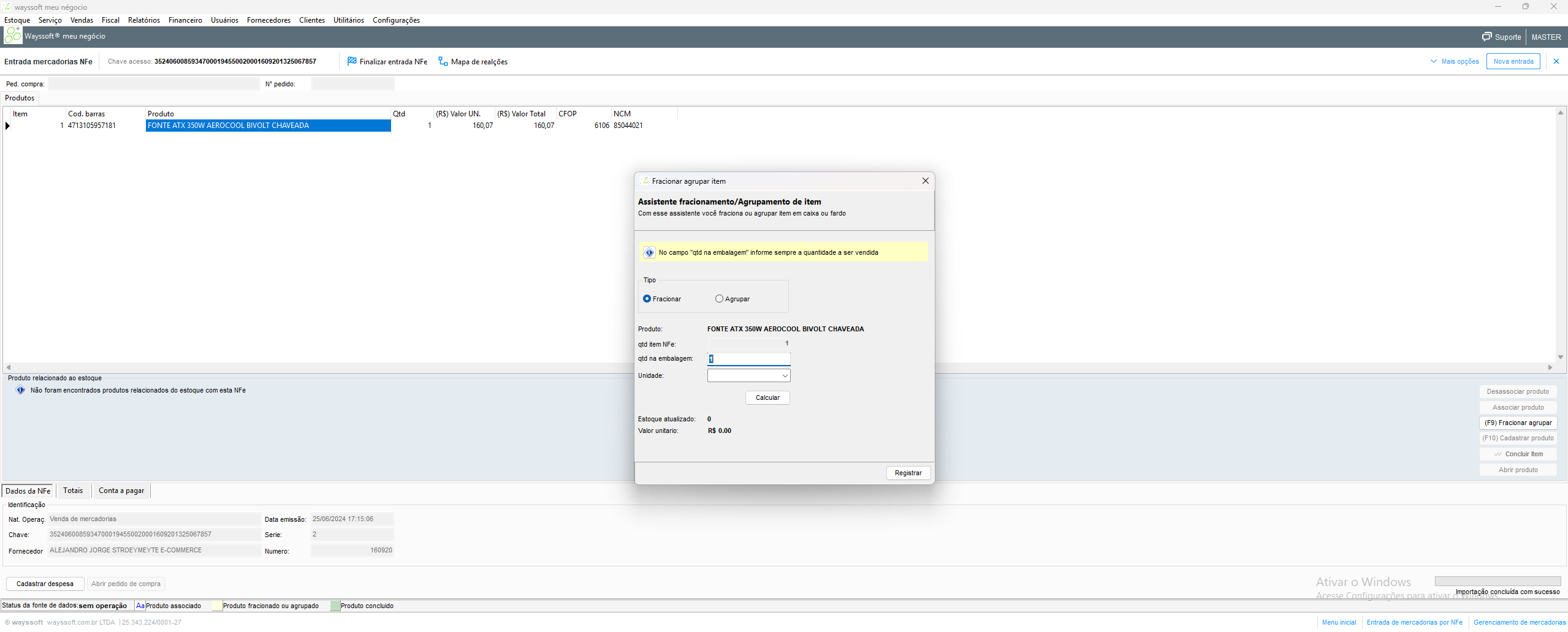 Tela de entrada de mercadorias por NF-e a partir do XML