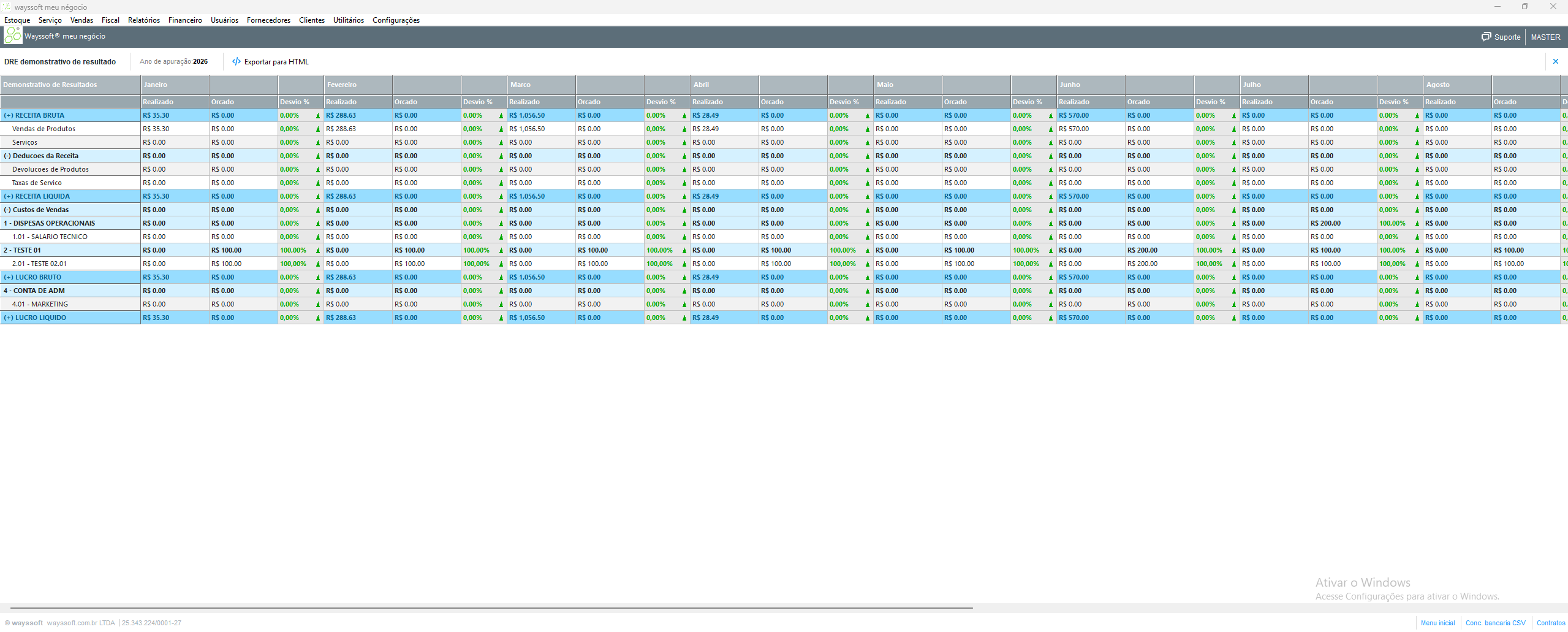 Tela de DRE (Demonstração do Resultado do Exercício) do financeiro Wayssoft